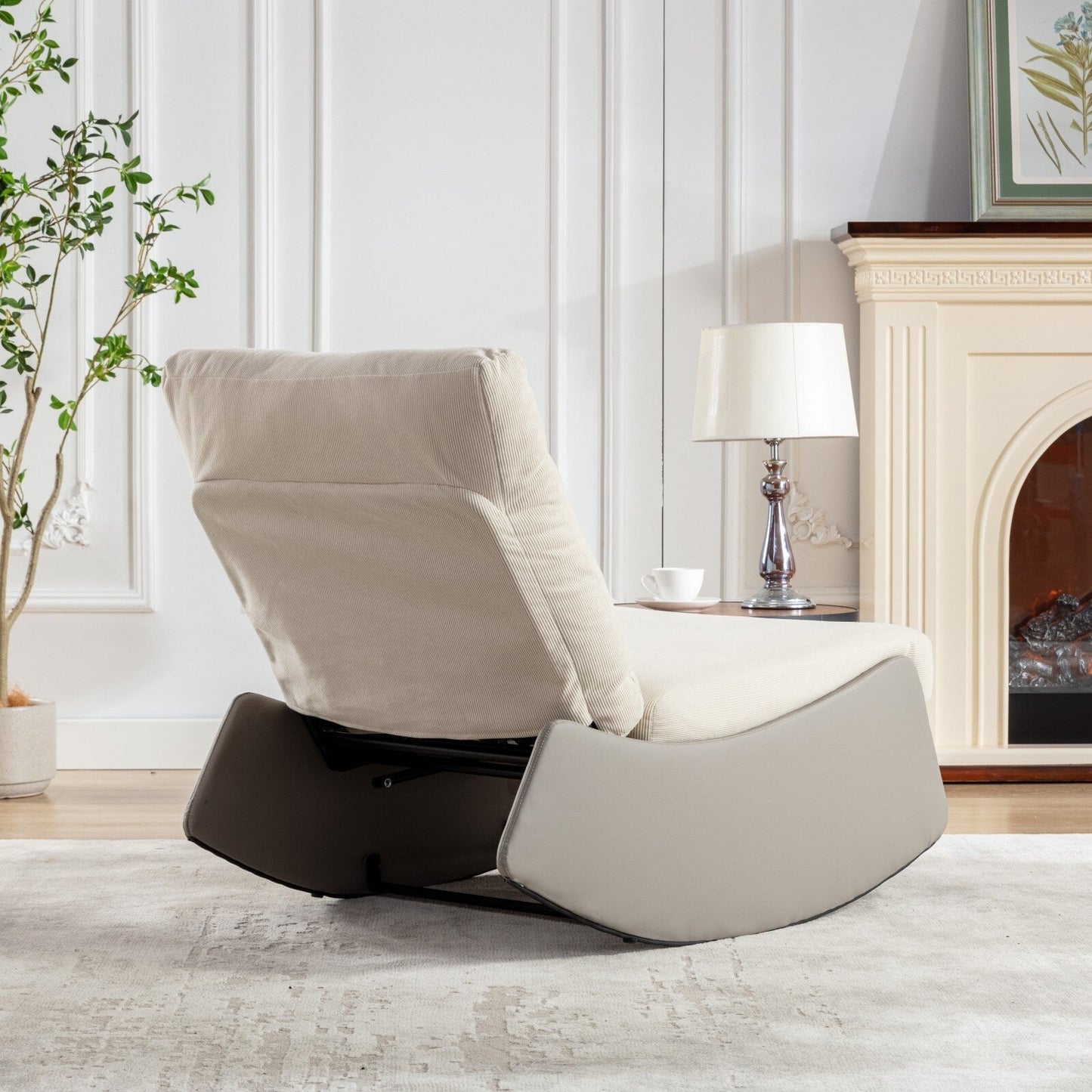 Fauteuil inclinable à bascule rembourré en velours côtelé gris et beige moderne avec repose-pieds et pieds en cuir synthétique pour salon et chambre à coucher