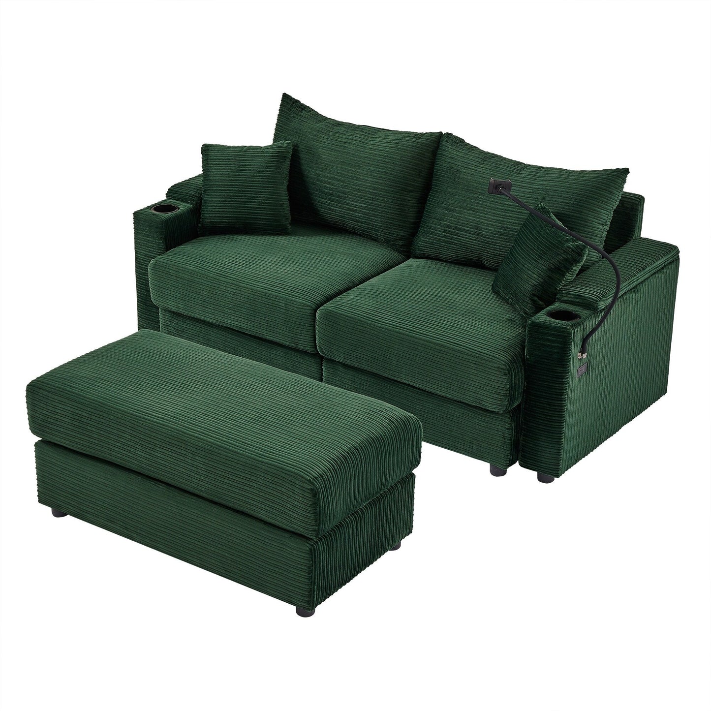 Canapé causeuse en velours côtelé vert moderne 72,8 avec pouf amovible, accoudoirs de rangement, support pour téléphone et deux ports USB