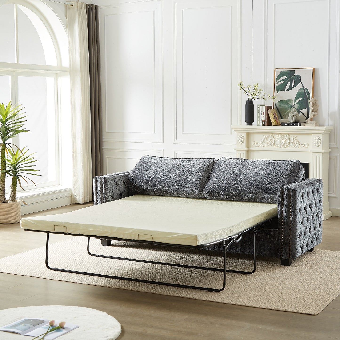 Canapé-lit 3 places gris 81 chenille cloutée avec matelas en mousse à mémoire de forme pour le salon