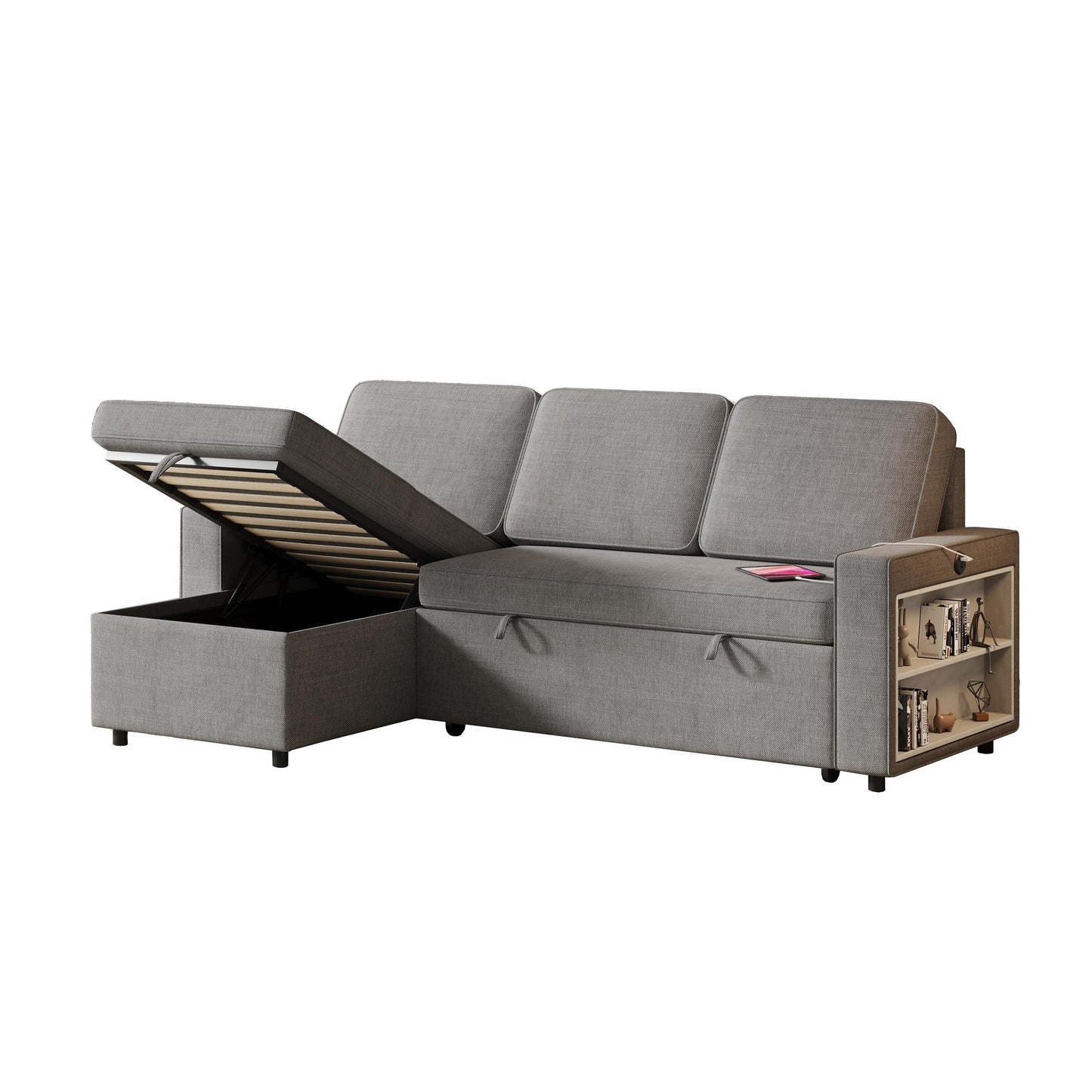 Canapé-lit en L en tissu gris de 217 cm avec méridienne de rangement, port USB, lit gigogne et étagères de rangement
