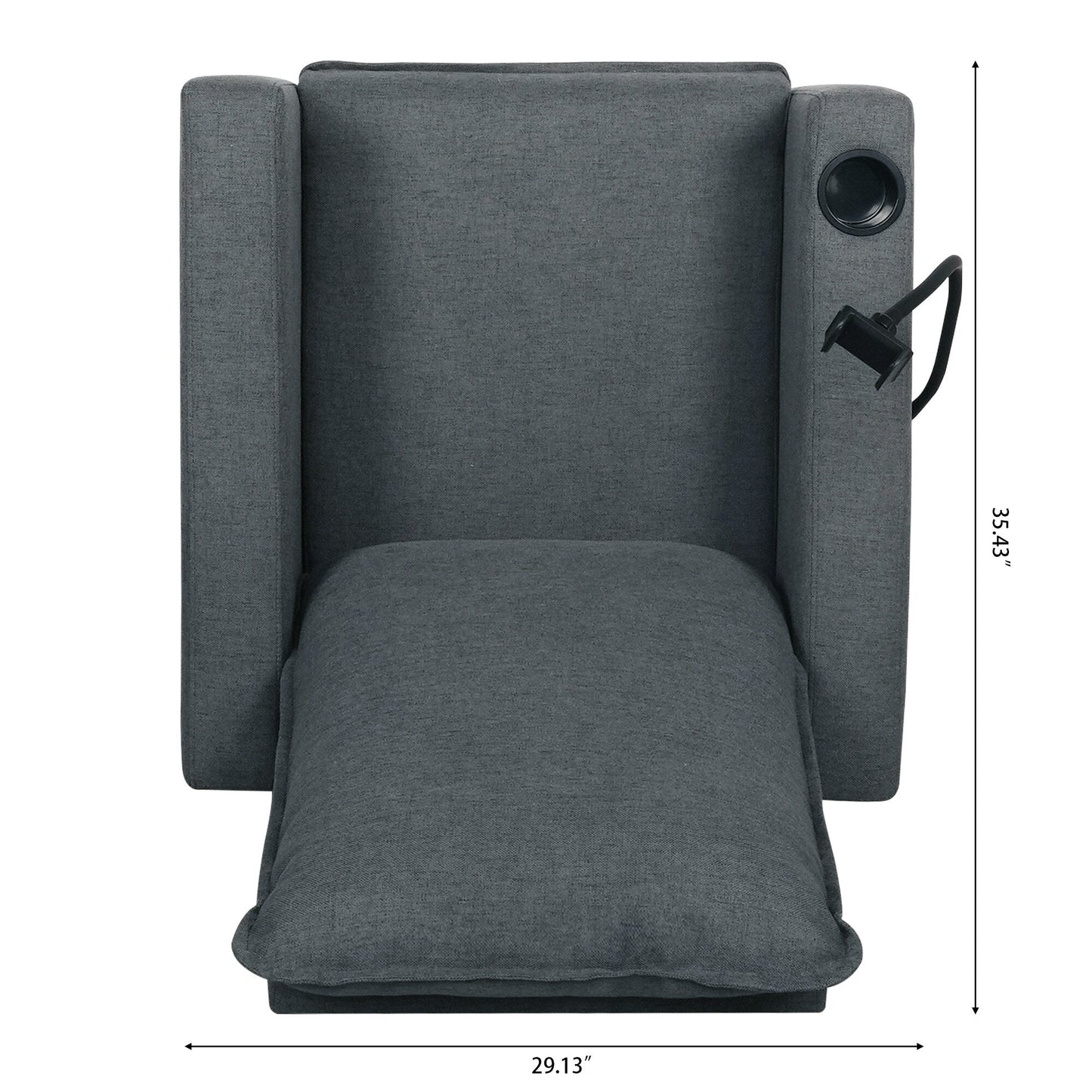 Fauteuil inclinable manuel moderne en tissu gris avec support pour téléphone portable, porte-gobelet et repose-pieds