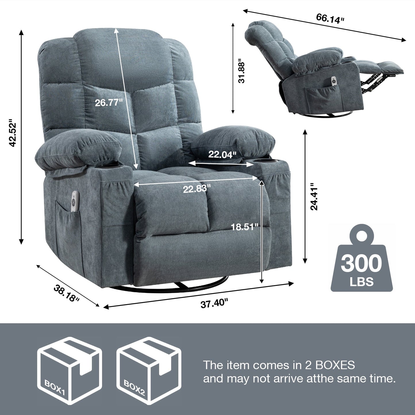 Fauteuil inclinable à bascule surdimensionné gris avec massage par vibrations, chauffage, port USB, deux porte-gobelets et rangement latéral