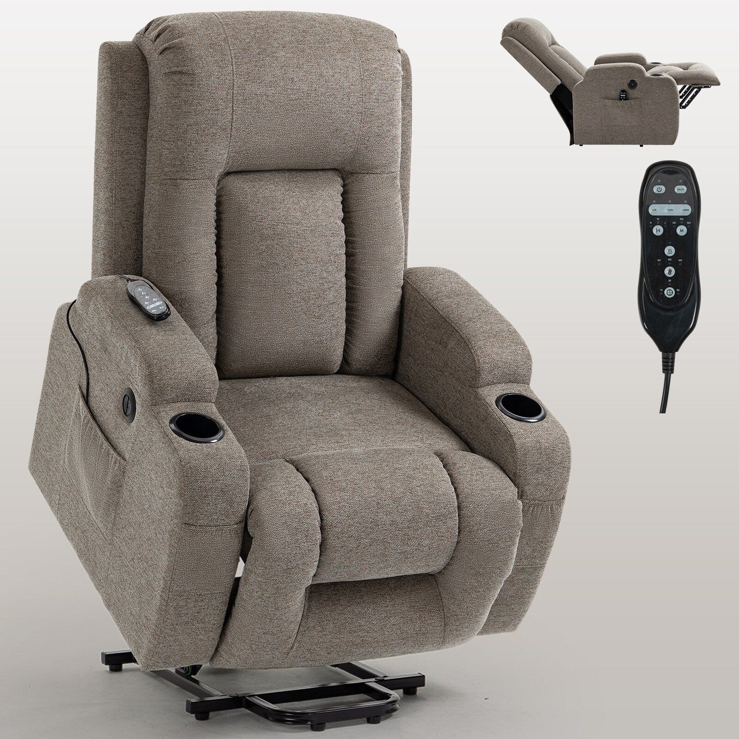 Fauteuil inclinable électrique gris pour personnes âgées avec massage, chauffage et ports USB