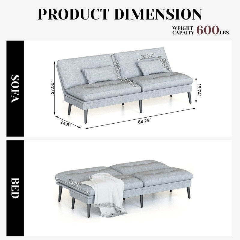 Canapé-lit futon convertible Grondin, dossier réglable sur 5 angles avec 2 oreillers, fauteuil inclinable de style moderne
