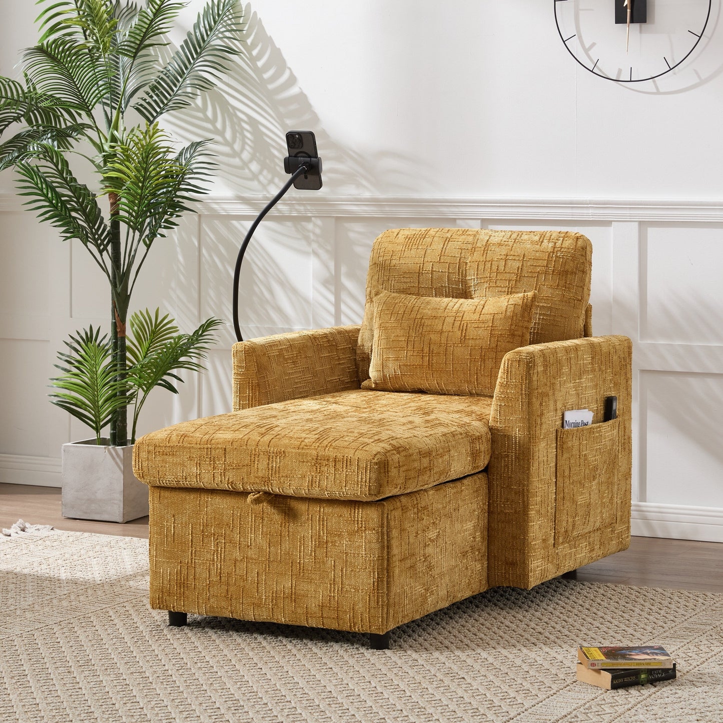 Fauteuil de loisirs simple rembourré en chenille HOMEFUN avec rangement et support pour téléphone