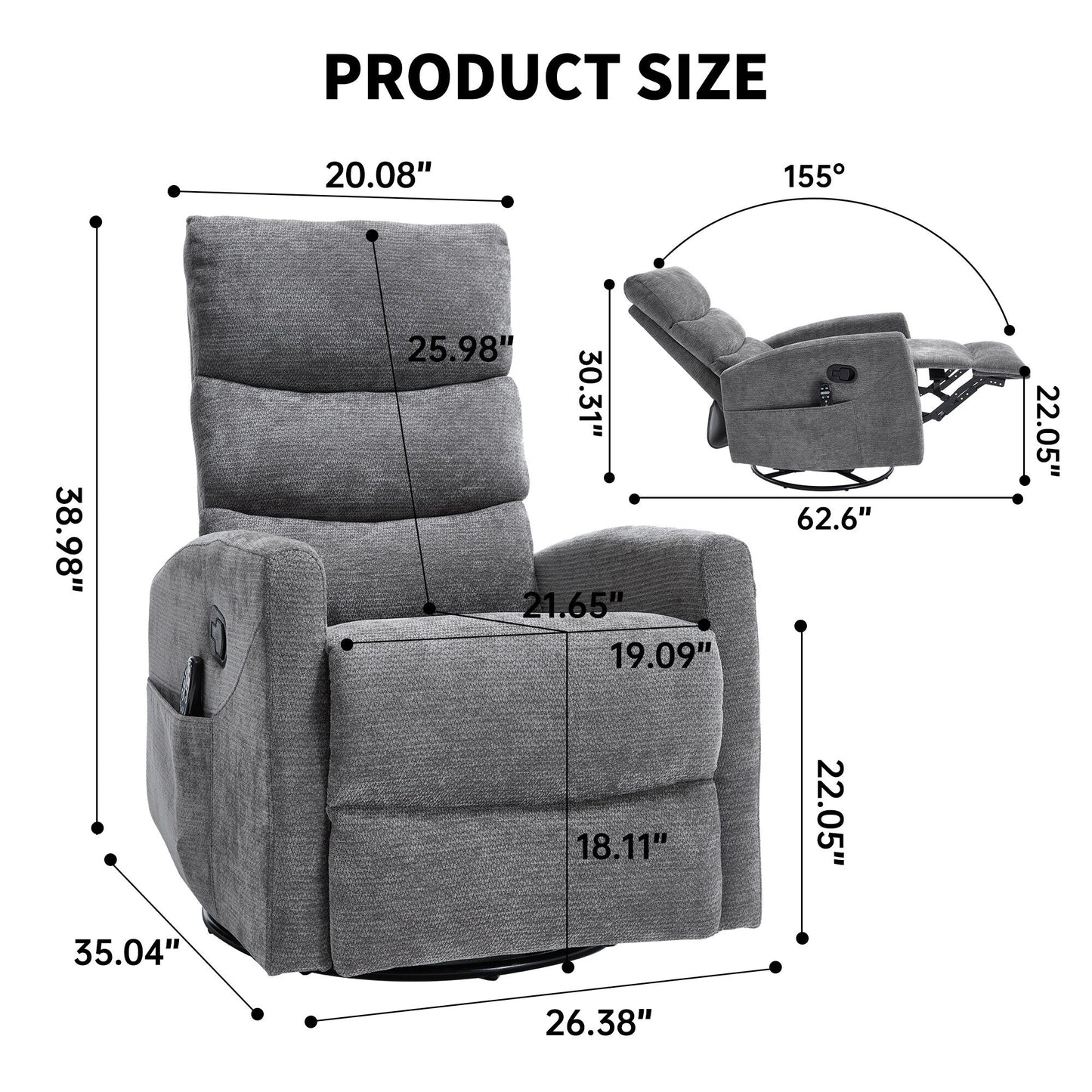 Fauteuil inclinable manuel à massage thermique avec bascule et pivot en tissu pour salon, GRIS