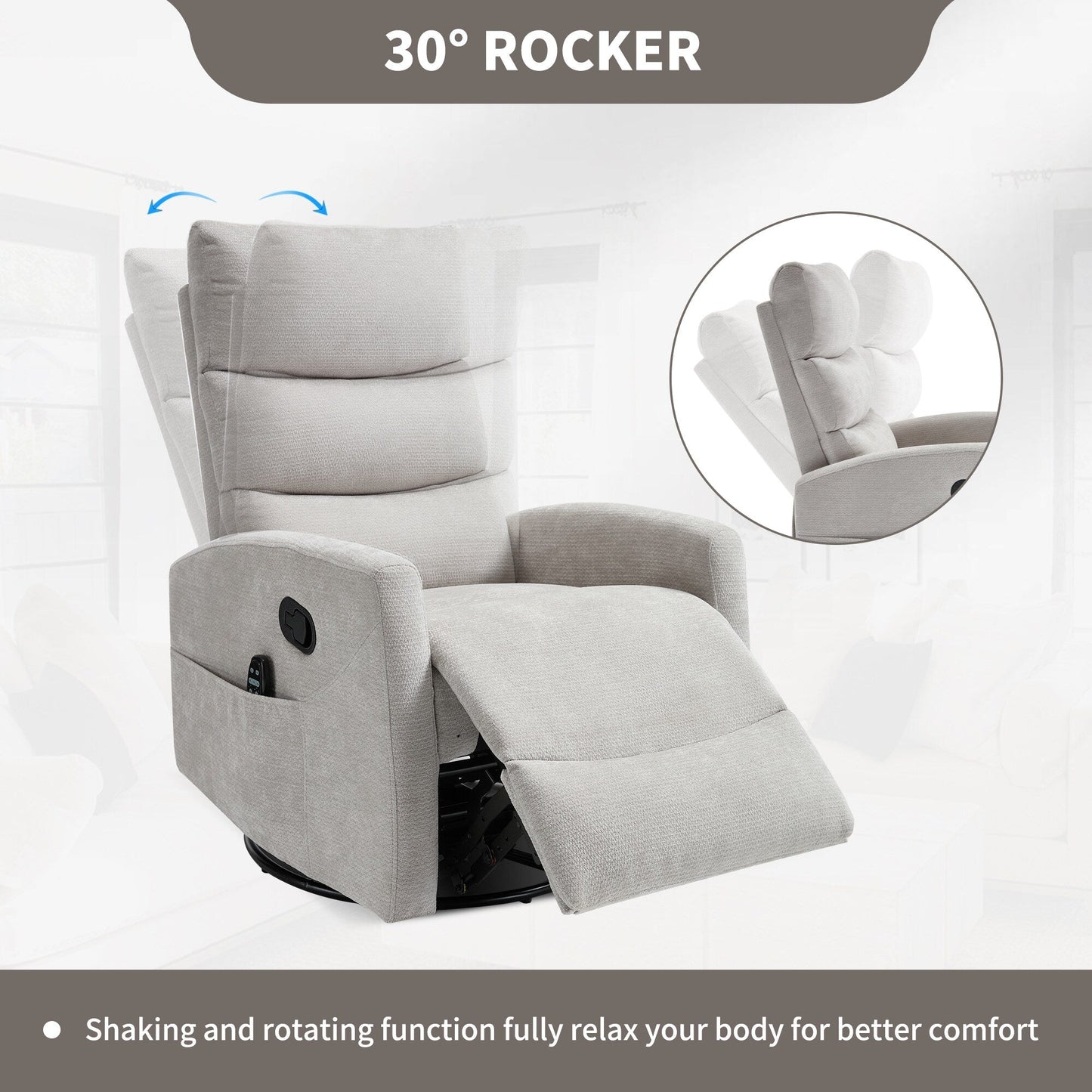 Fauteuil inclinable manuel à massage thermique avec bascule et pivot en tissu pour salon, gris