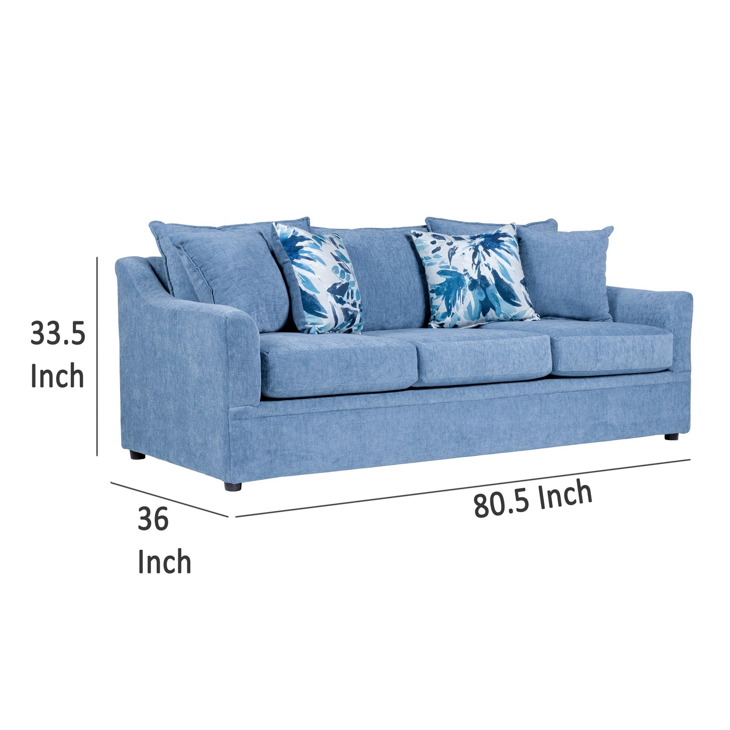 Canapé Ivie, 4 coussins, 205 cm, bleu ardoise clair, accoudoirs droits, bois massif