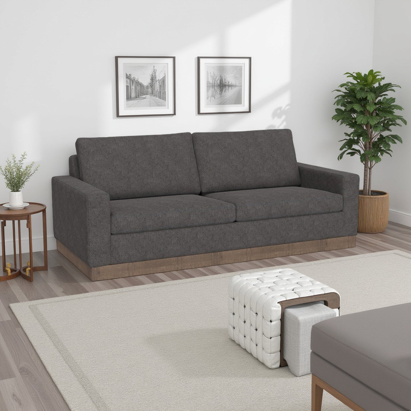 Canapé Jeni, 2 coussins décoratifs, assise moderne en polyester gris foncé de 228 cm