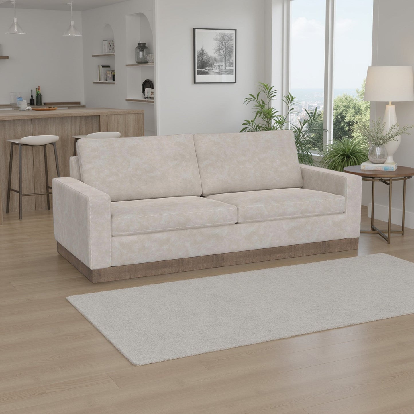 Canapé Jeni, 2 coussins décoratifs, 228 cm, similicuir gris huître moderne