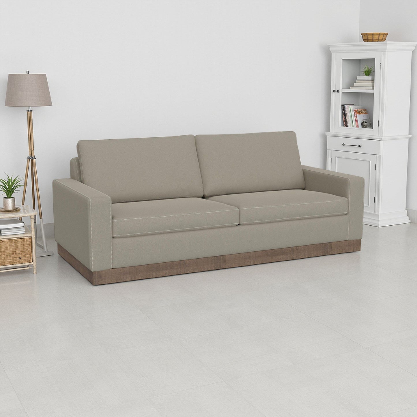 Canapé Jeni, 2 coussins décoratifs, moderne, 228 cm, assise en polyester gris amande