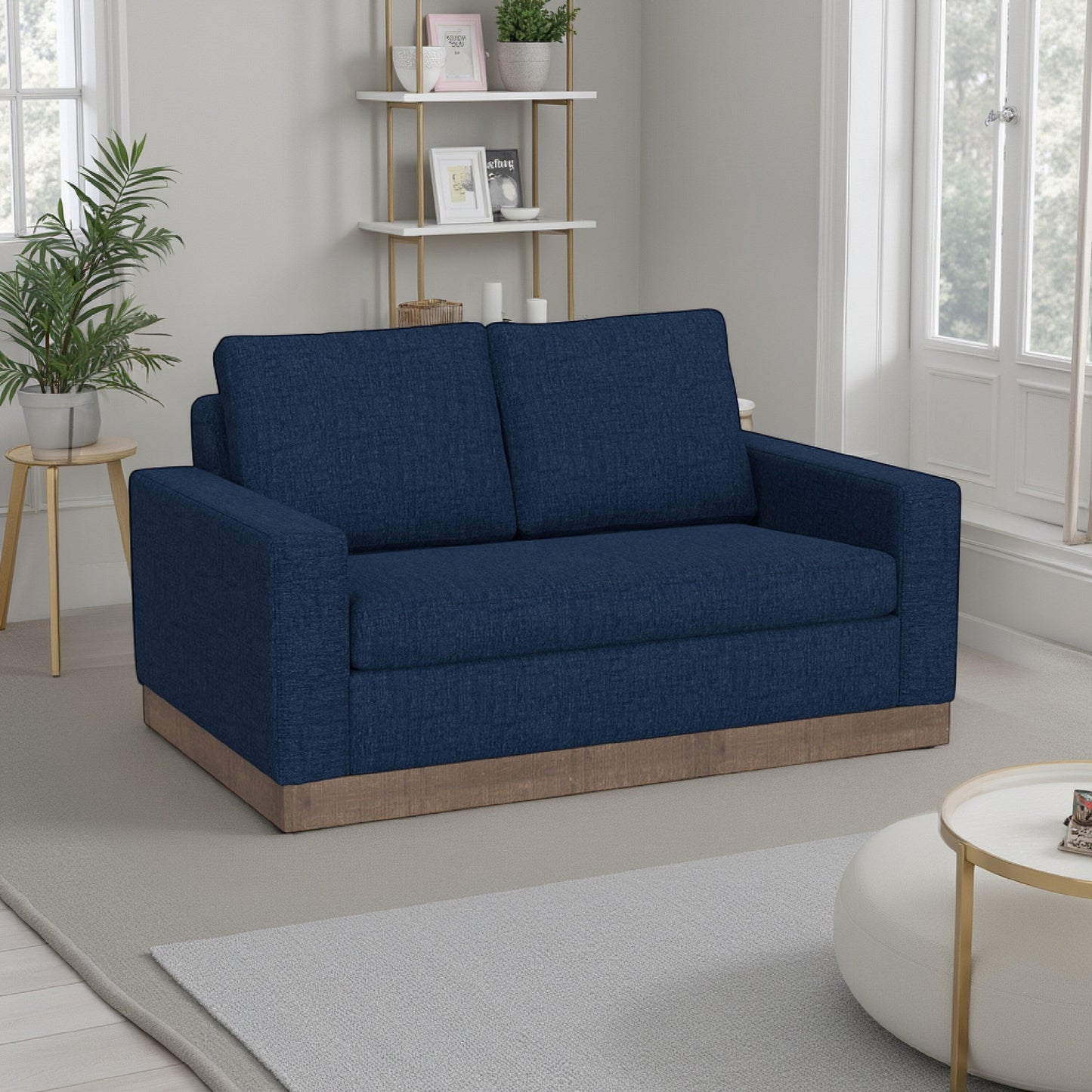 Canapé Jeni, 2 coussins décoratifs, moderne, 228 cm, polyester bleu nuit