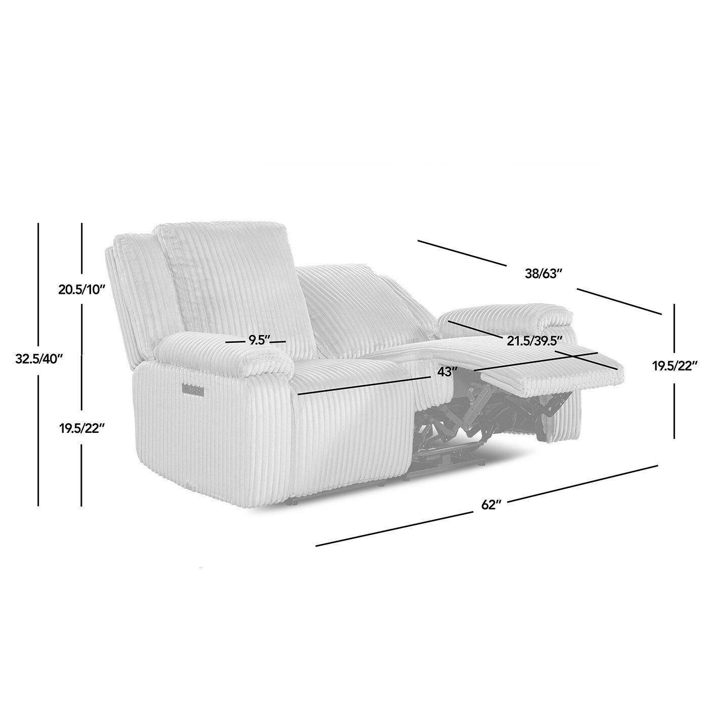 Jennifer Taylor Home Philip 62 Canapé inclinable motorisé en velours côtelé gris lune