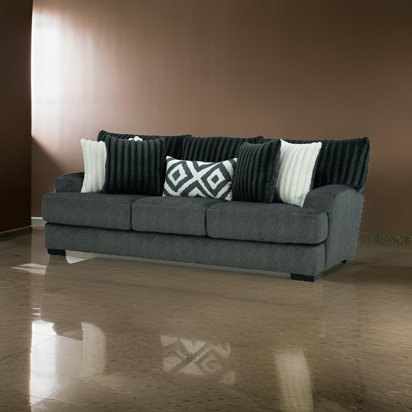 Canapé Laila, 5 coussins décoratifs, 248 cm, bois massif, chenille gris foncé