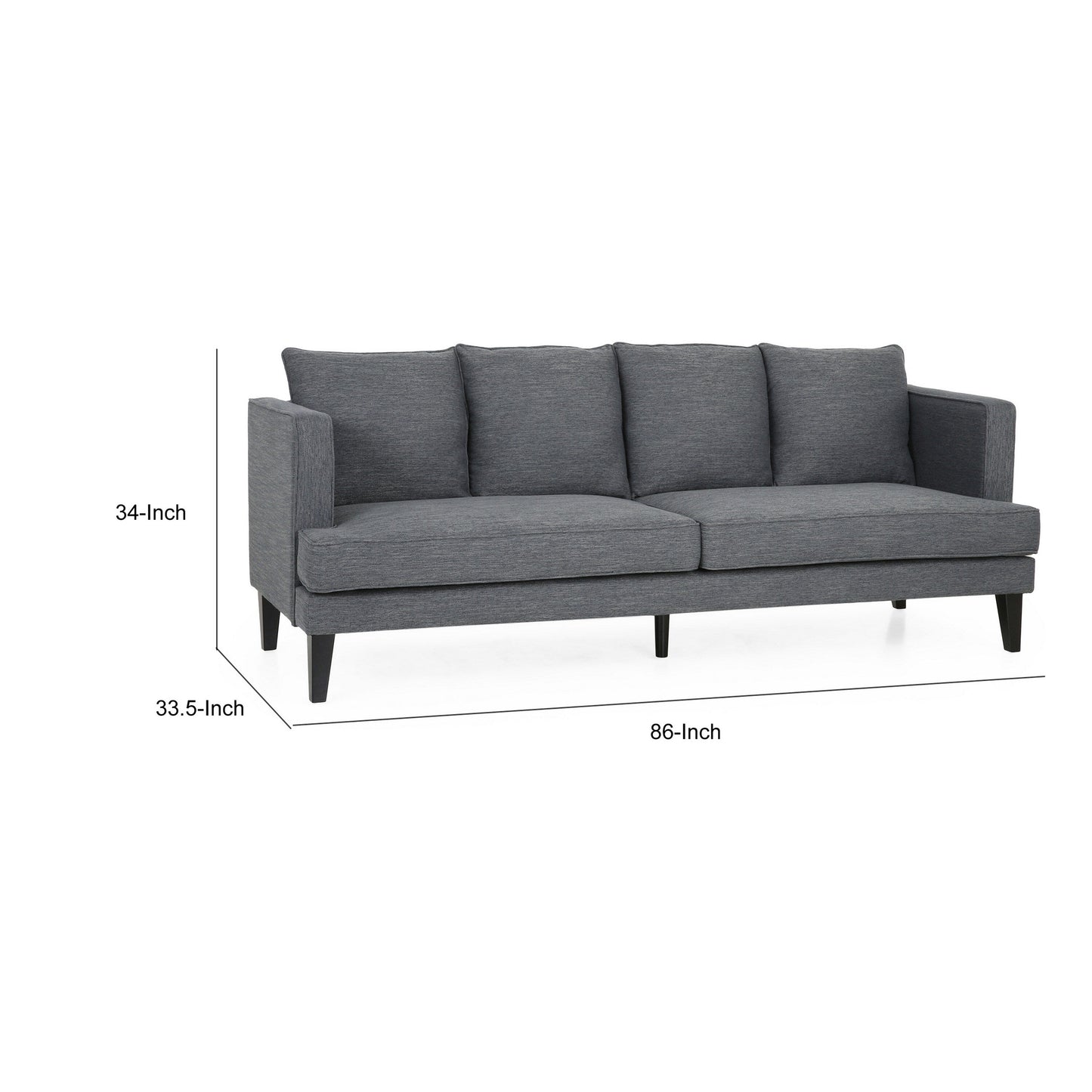 Canapé Lara, 4 coussins, revêtement en polyester gris, bois noir, 218 cm