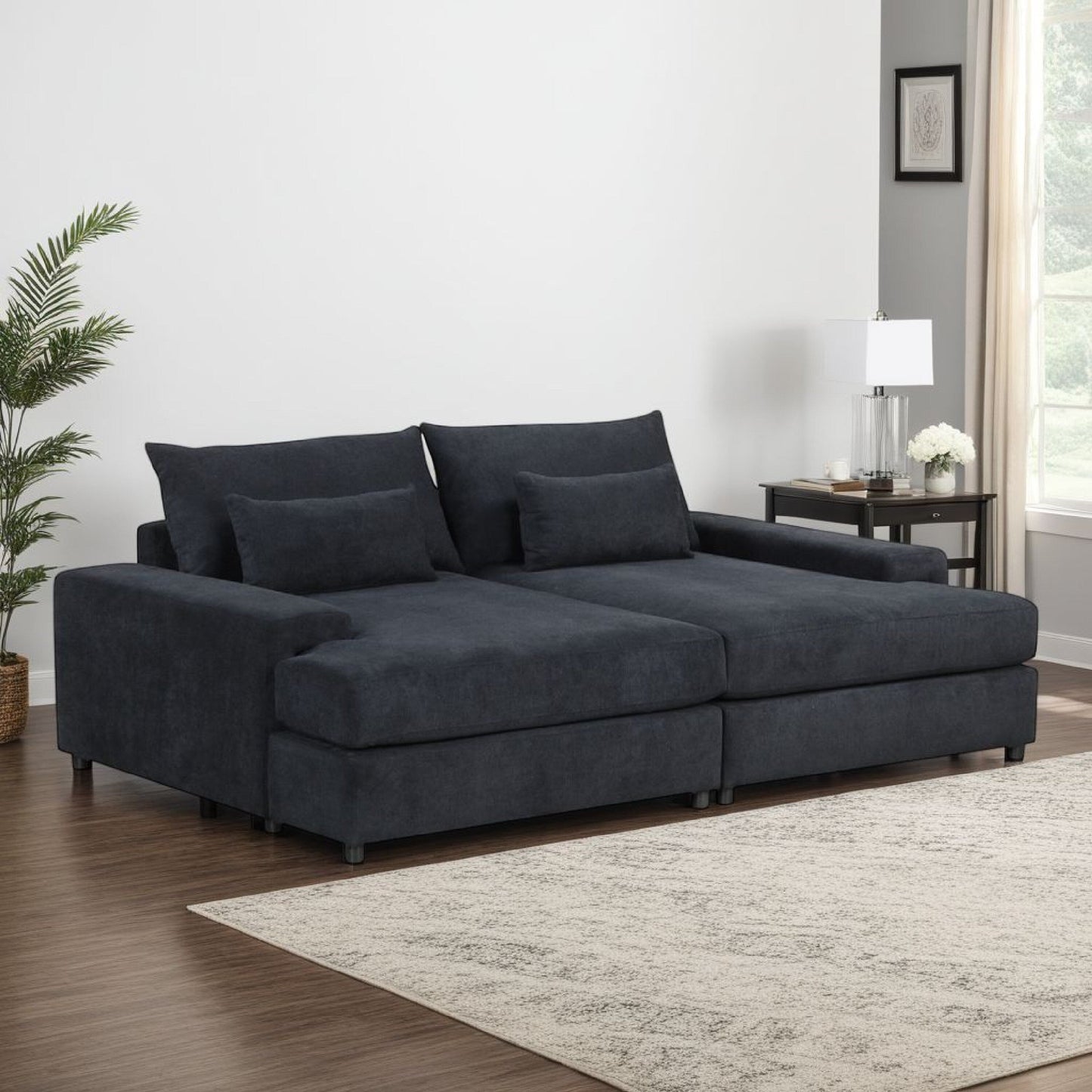 Canapé-lit surdimensionné Leena avec 2 coussins décoratifs, tissu noir, 223 cm