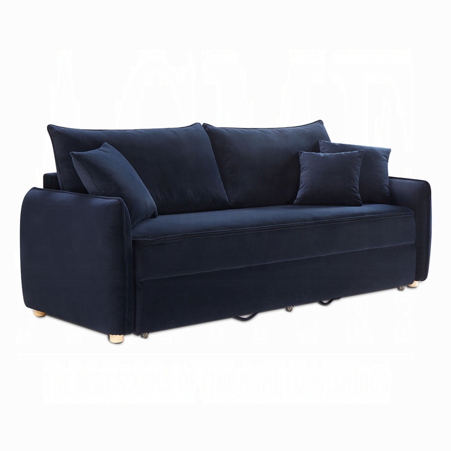 Canapé-lit Leif, lit pliant complet, 3 oreillers, velours bleu 223 cm