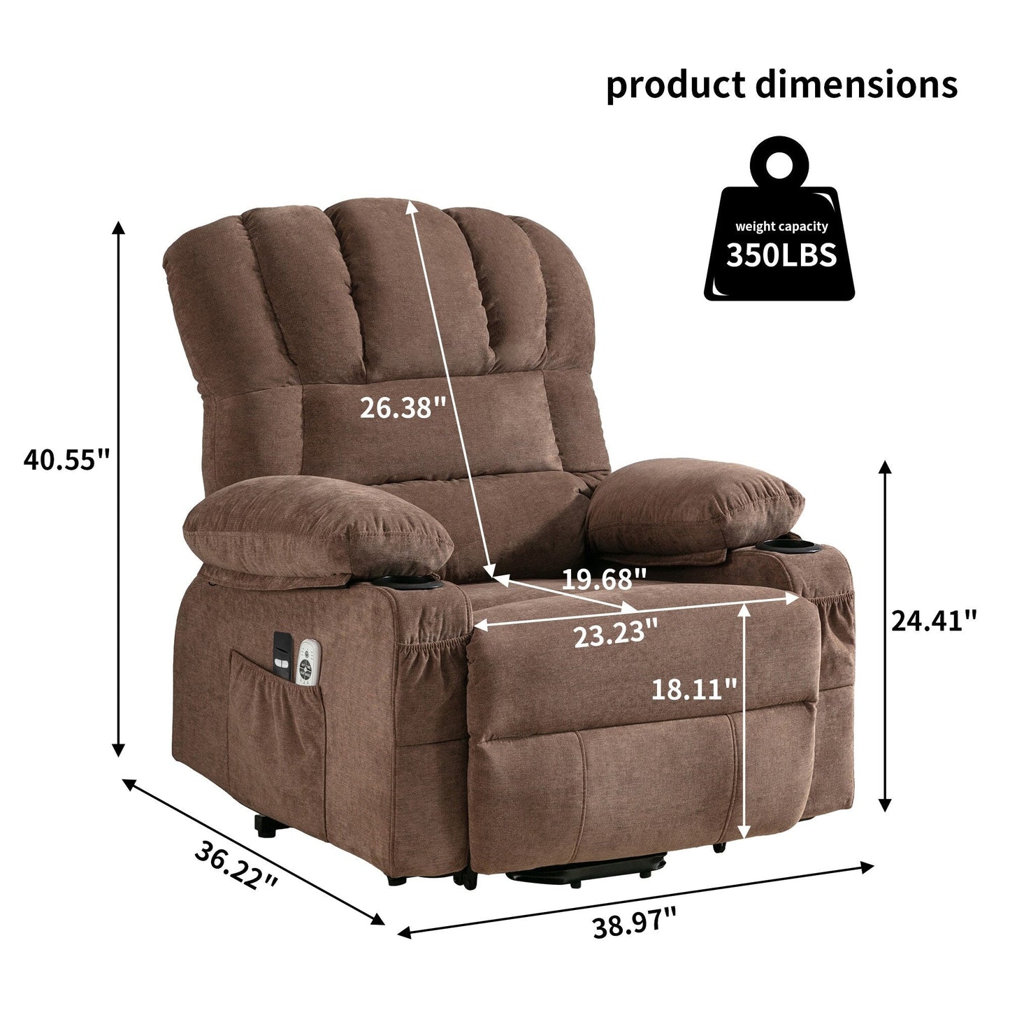 Fauteuil releveur inclinable avec massage et chauffage - Télécommande, port USB, vibration 8 points