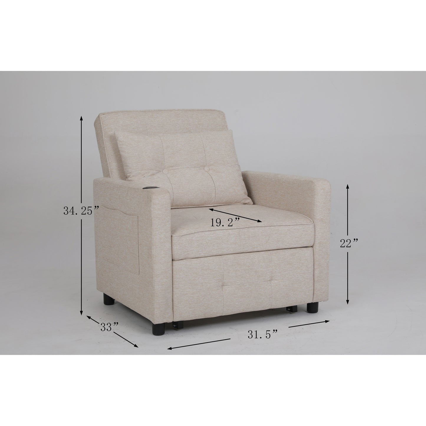 Fauteuil inclinable en lin, lit gigogne, fauteuil de salon pliant convertible avec port USB, porte-gobelet et poches latérales