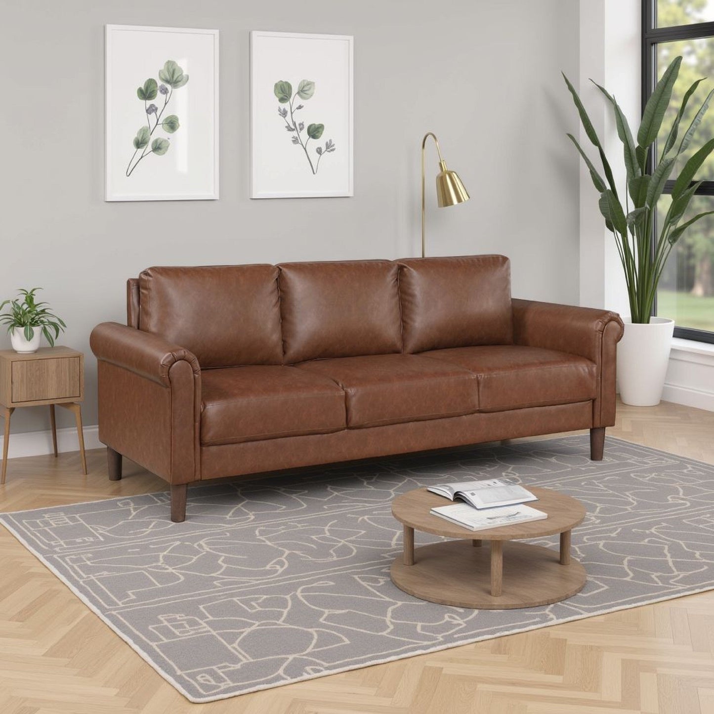 Canapé Lo avec accoudoirs roulés, similicuir marron foncé style milieu de siècle, 79 pouces