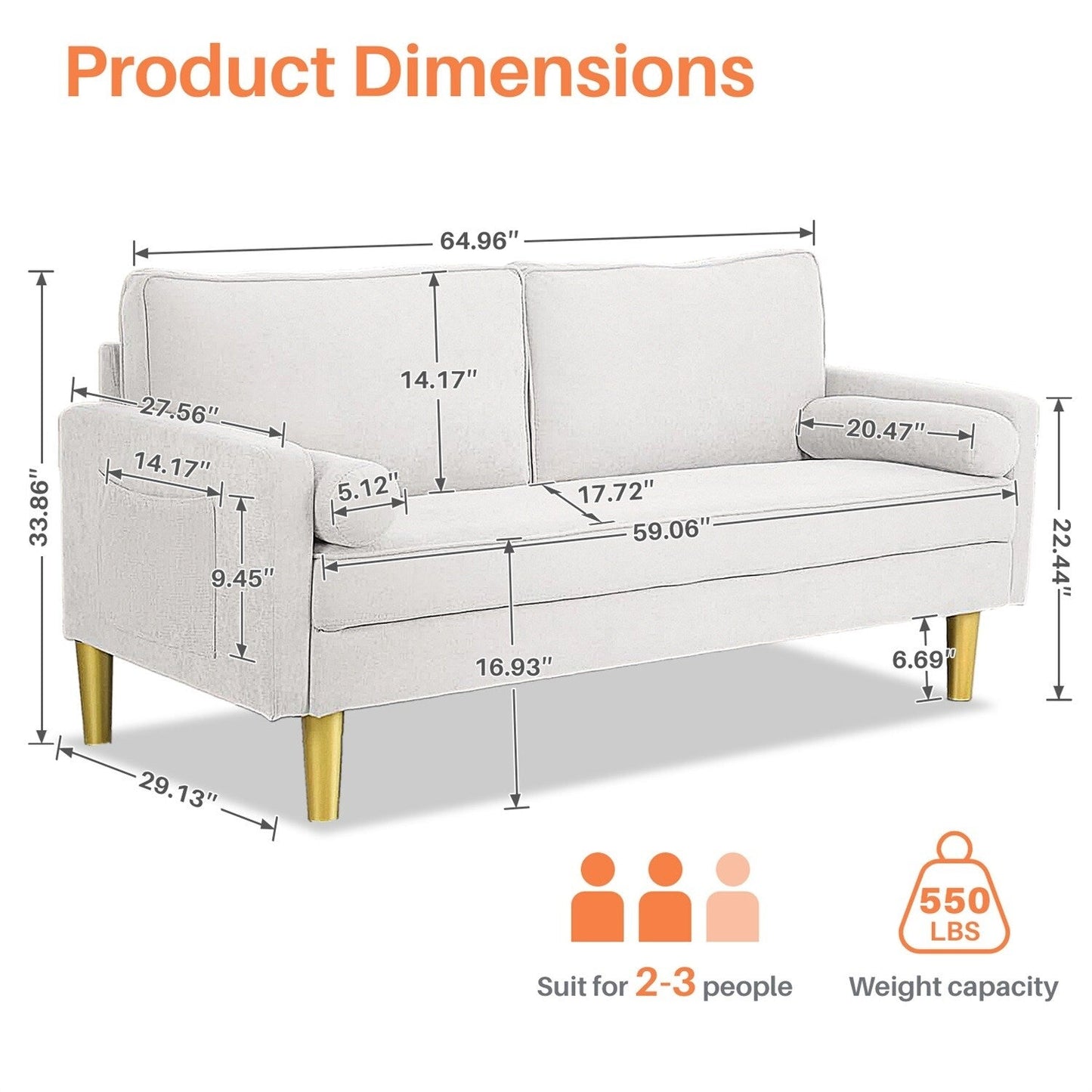 Canapé causeuse, canapé en tissu, petit canapé, canapé causeuse avec poches latérales pour salon, chambre, bureau, appartement, petit espace