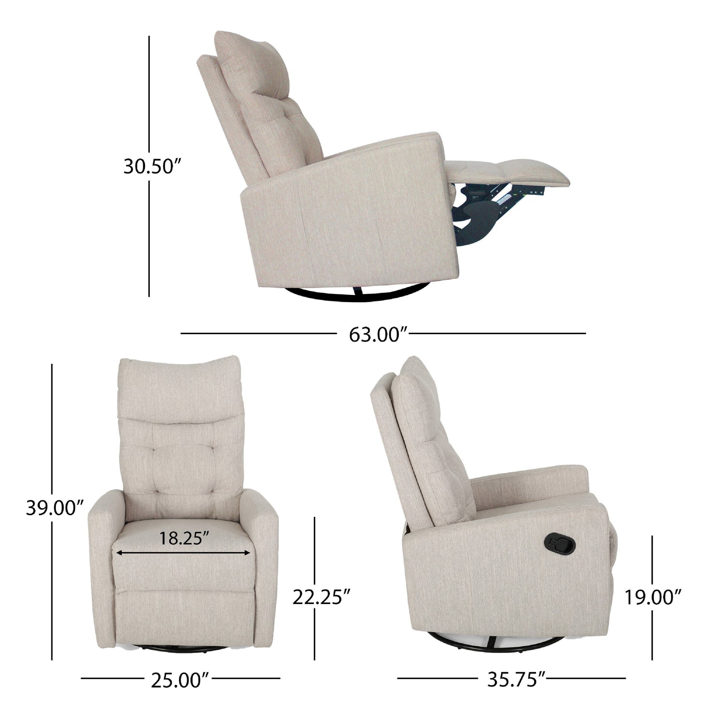 Fauteuil inclinable manuel, mécanisme coulissant et pivotant, tissu beige