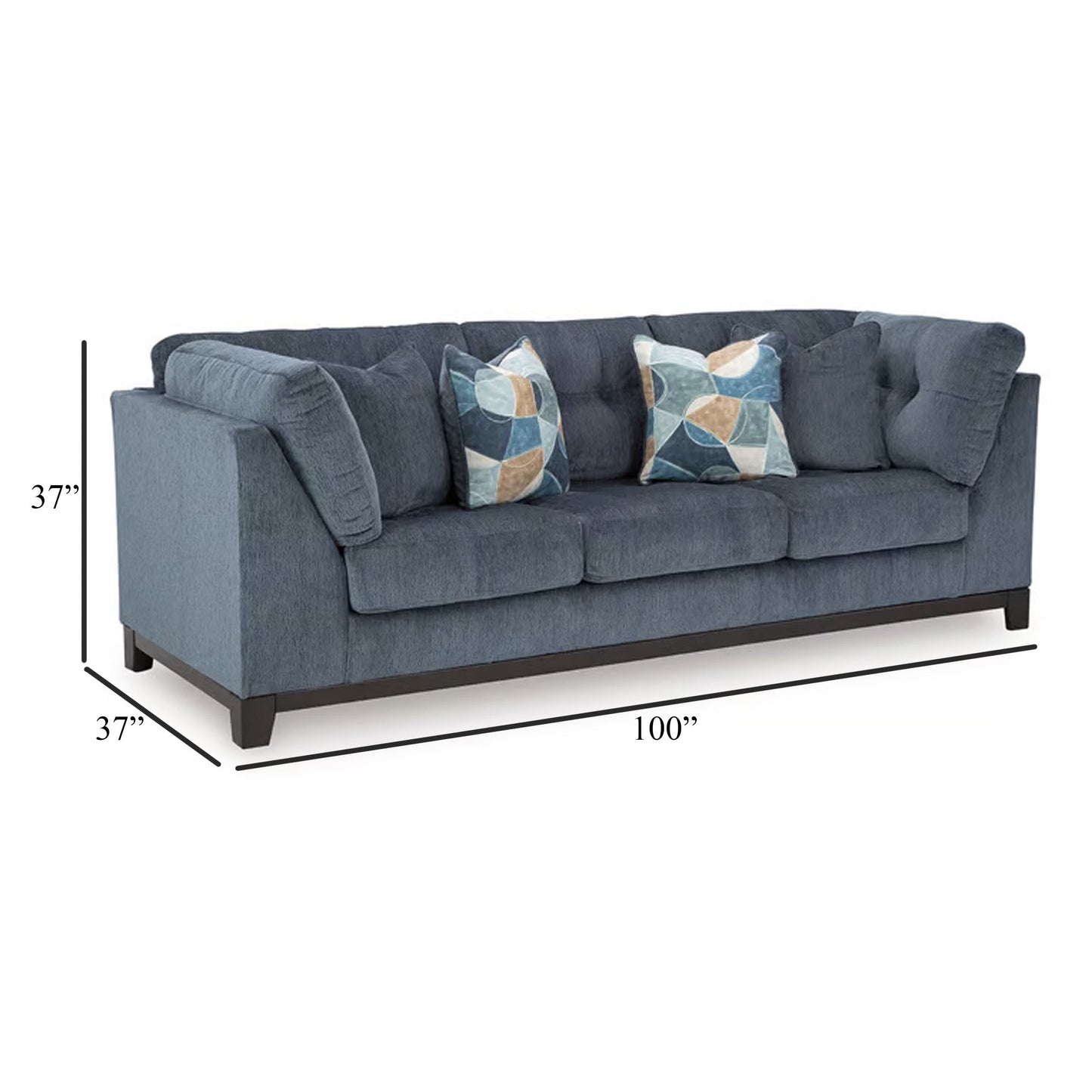 Canapé Maxo, 254 cm, capitonné, polyester bleu riche, 5 coussins décoratifs