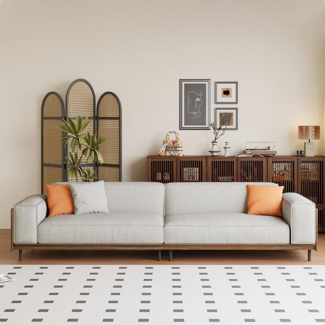 Canapé 4 places moderne du milieu du siècle, revêtement en coton et lin noyer, housses amovibles et lavables, coussins profonds avec oreillers