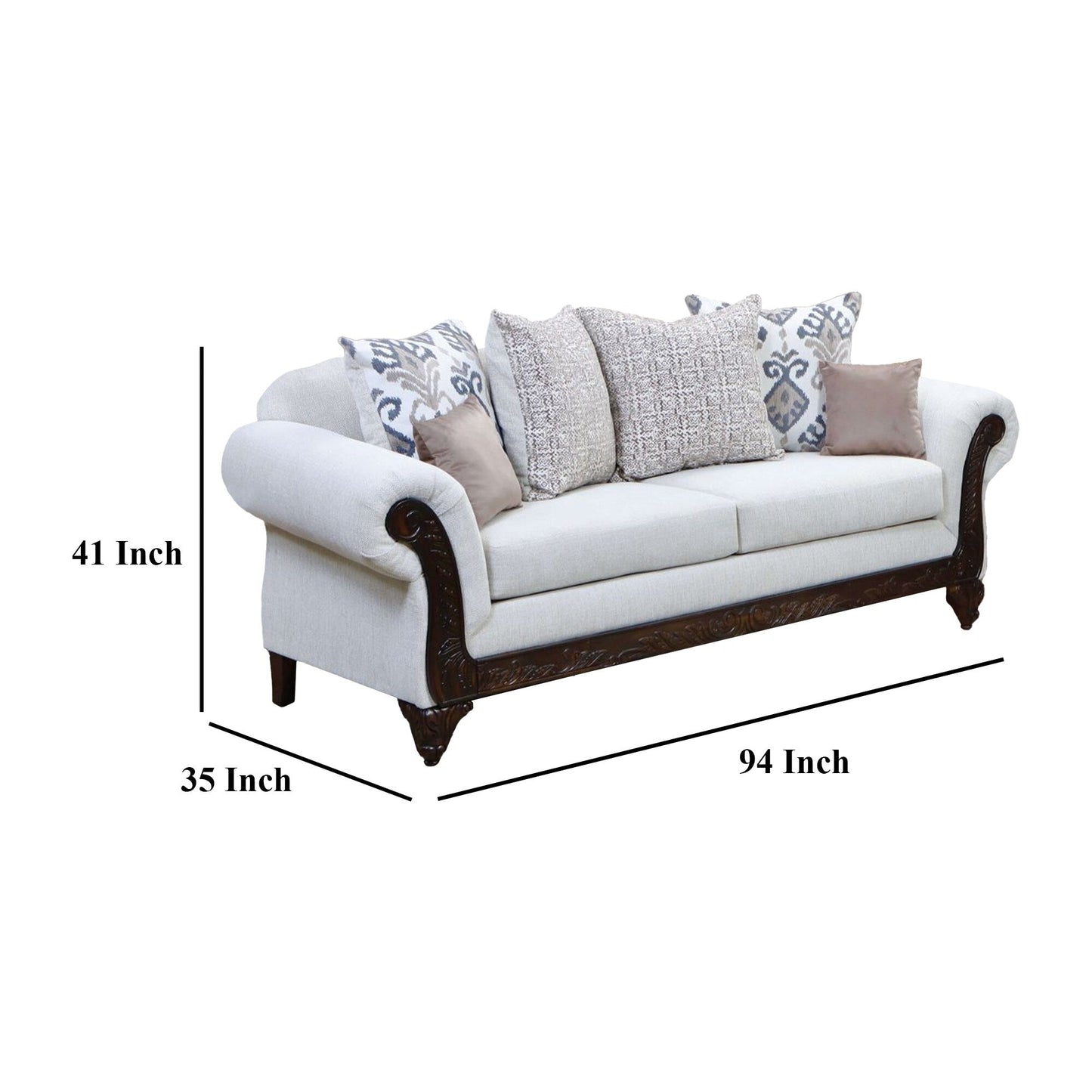 Canapé Mezia, chenille beige, brun noyer, 6 coussins décoratifs, 94 pouces