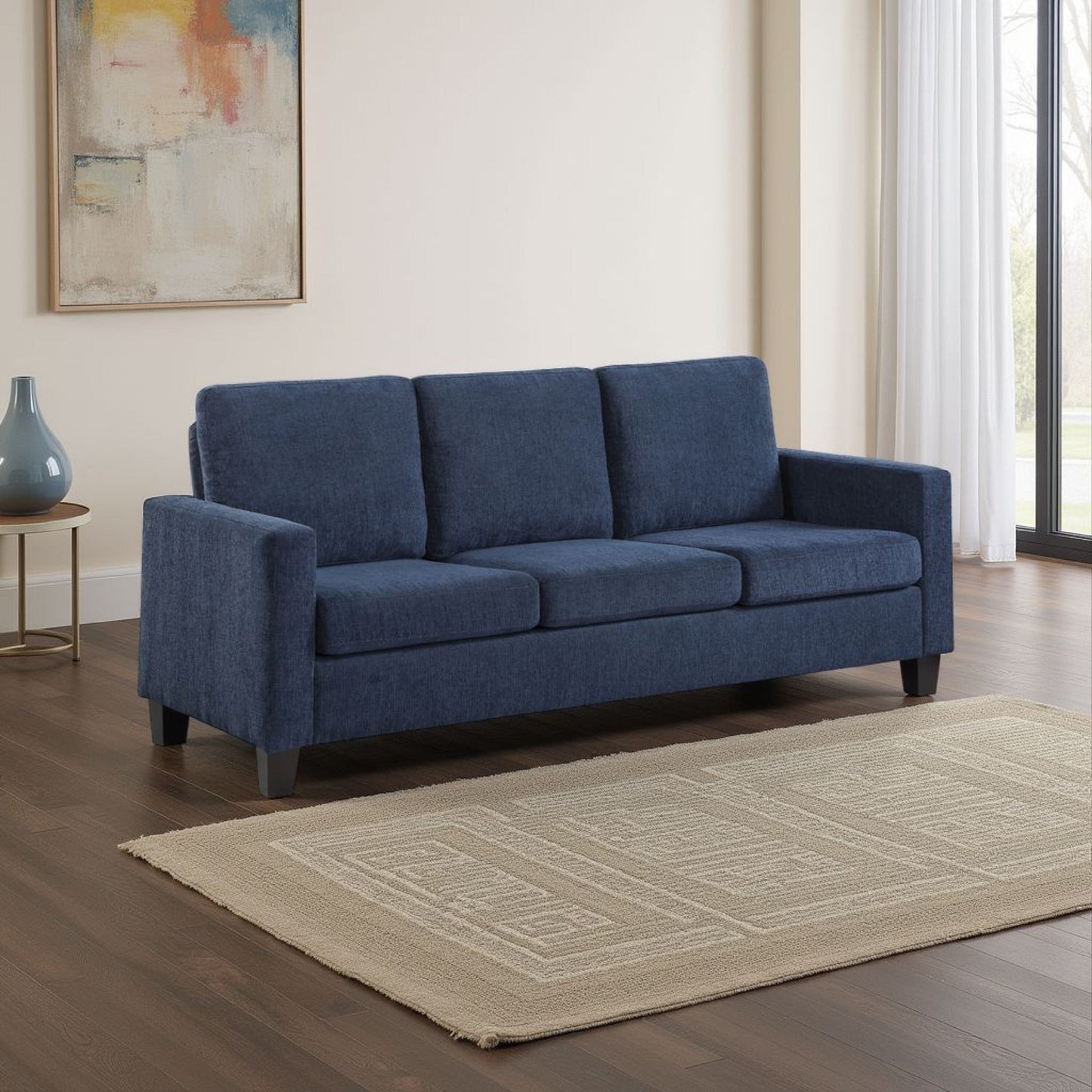 Canapé Mihi, chenille bleue, 193 cm, pieds fuselés en bois noir