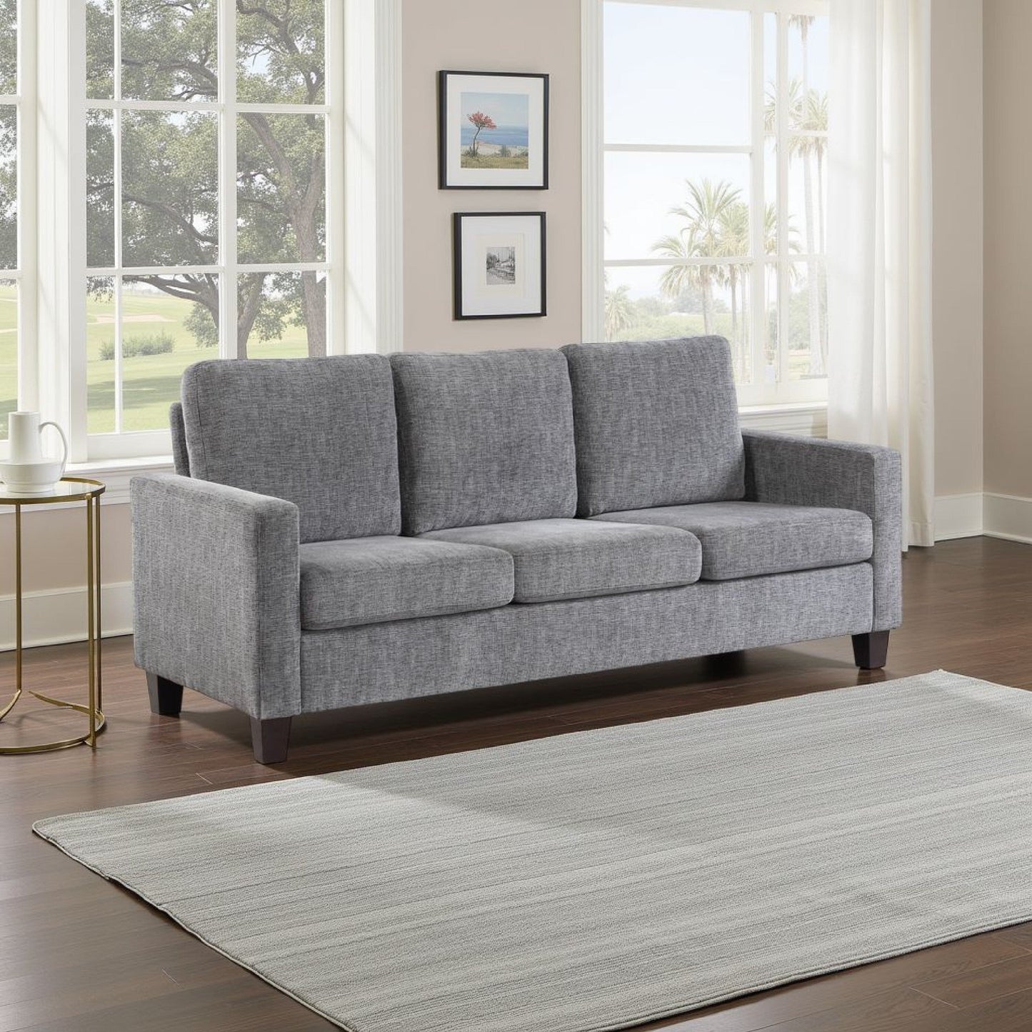 Canapé Mihi, chenille grise, 76 pouces, pieds fuselés en bois noir