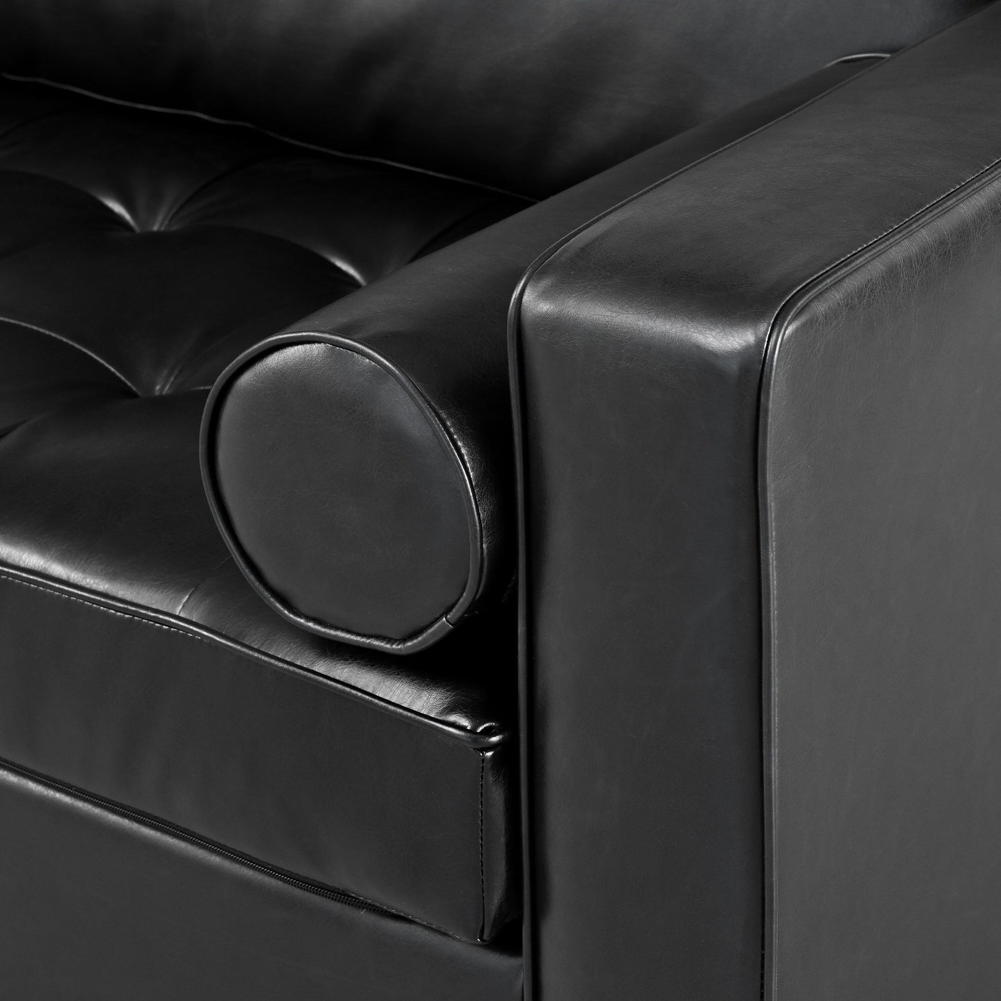 Canapé 3 places Mirod en similicuir, style milieu de siècle moderne, capitonné, pieds en bois massif, 2 coussins traversins