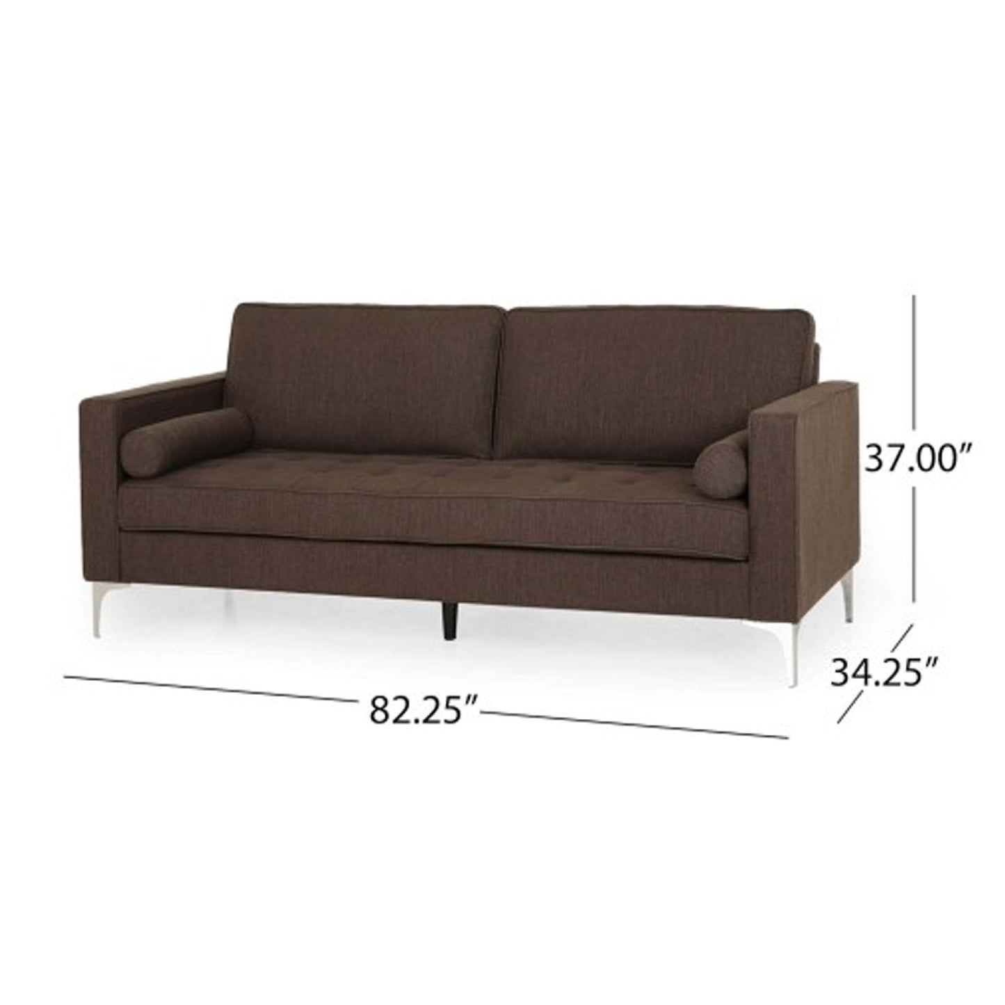 Canapé 3 places Miry, 2 coussins traversins, pieds argentés, polyester marron