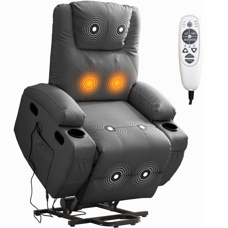 Fauteuil inclinable massant et releveur Mixoy pour personnes âgées, chauffant, positions infinies, poche latérale, porte-gobelets, port de charge USB