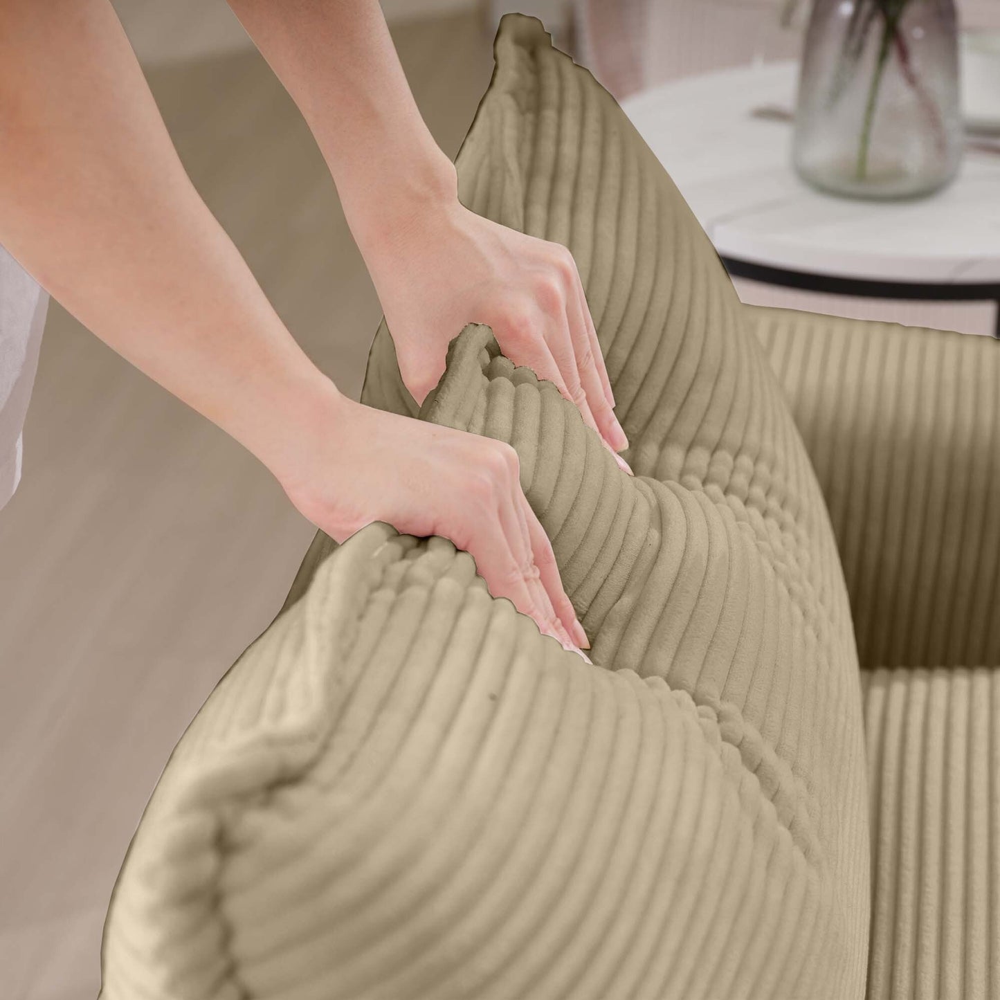 Canapé modulable moderne en velours côtelé, canapé 3 places à assise profonde avec pouf pour salon