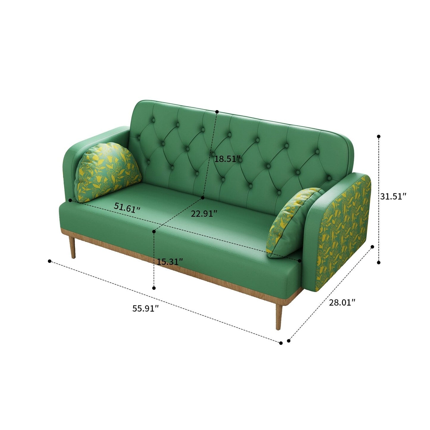 Canapé deux places de style moderne avec pieds en bois et coussins en forme de boulette, accoudoirs à motifs