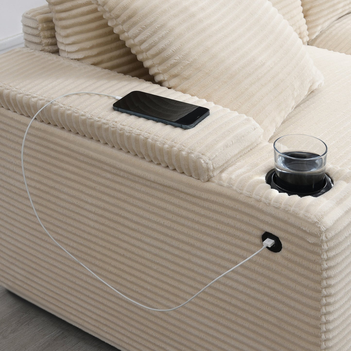 Canapé modulable en velours côtelé en forme de L avec accoudoirs, rangement, ports USB et porte-gobelets pour salon et appartement