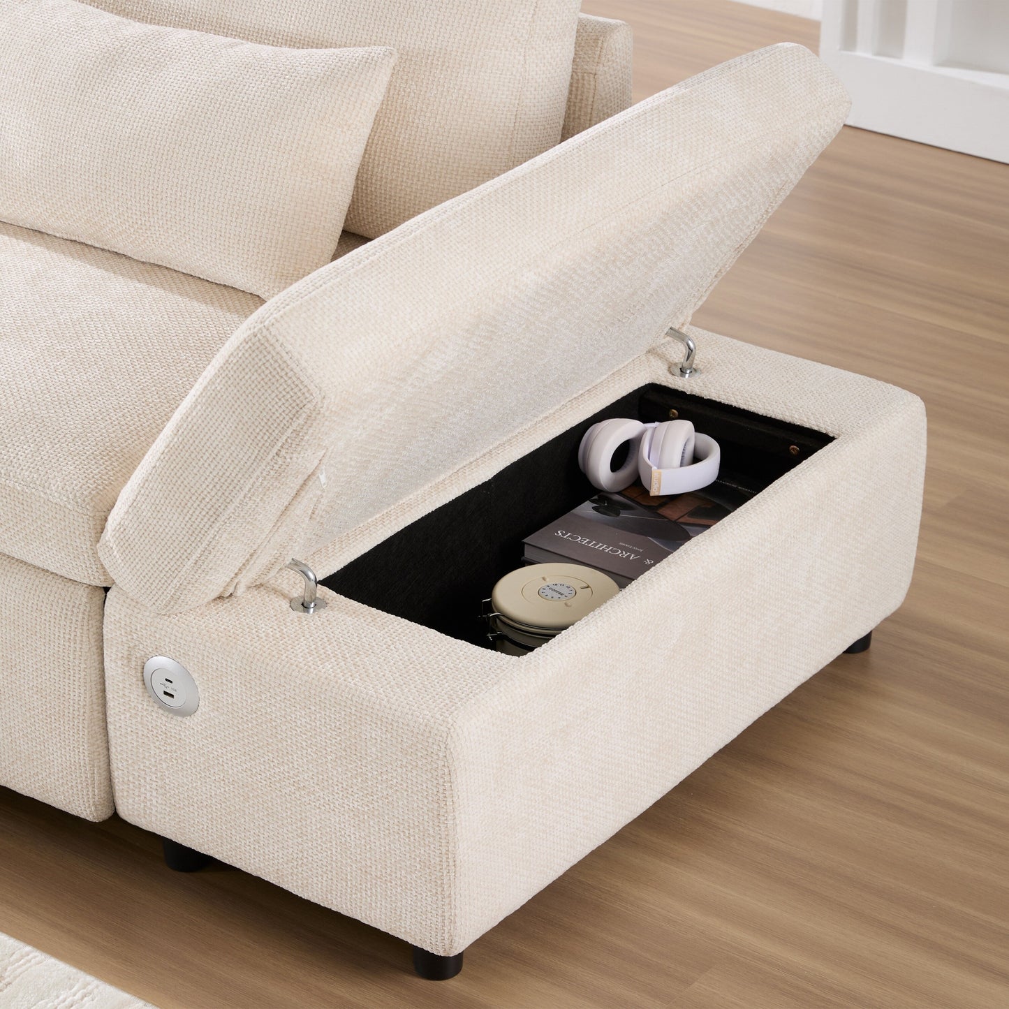 Canapé-lit sectionnel modulaire avec accoudoir de chargement réglable et pouf de rangement pour salon et appartement