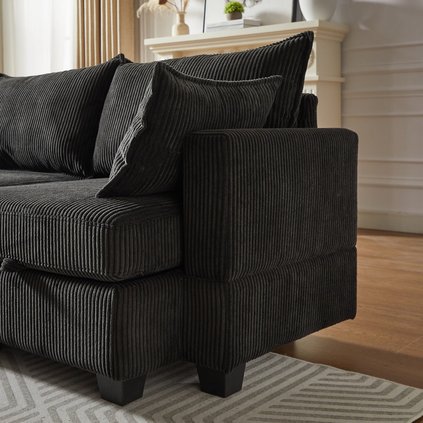 Canapé modulable en velours côtelé en forme de U, convertible 6 places avec pouf de rangement et méridienne pour le salon