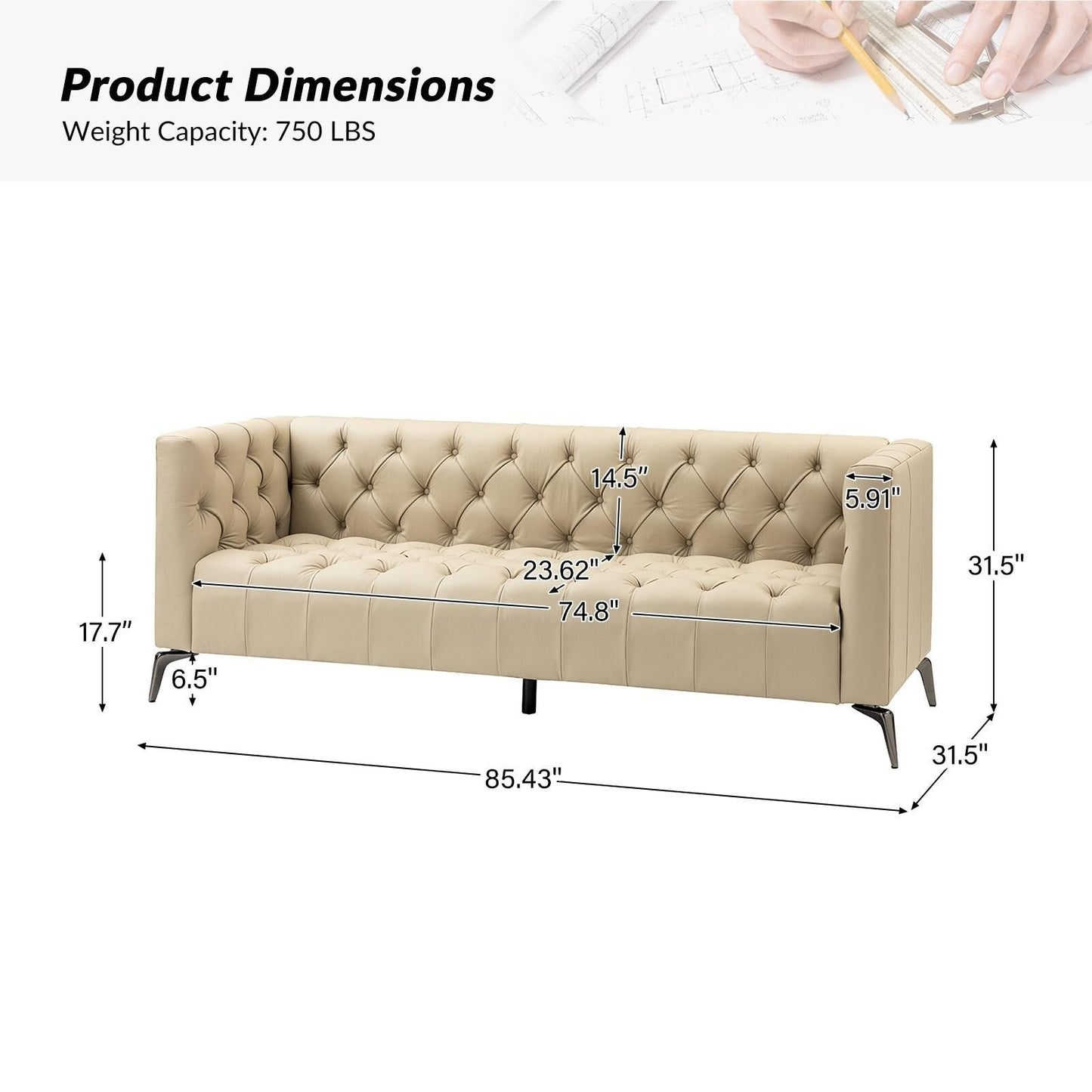 Canapé transitionnel Nestor en cuir véritable avec pieds en métal et dossier capitonné