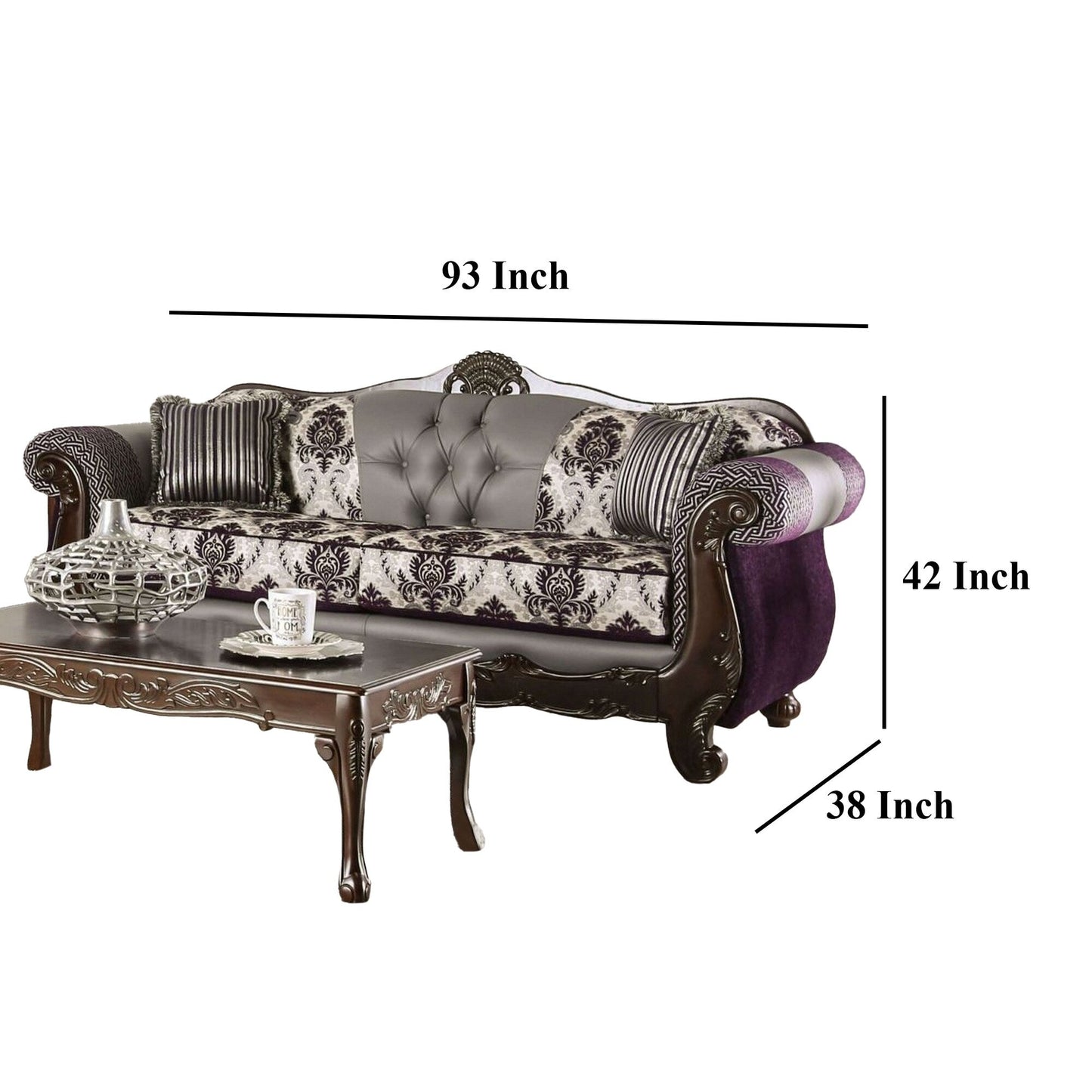 Canapé Nicola, violet, chenille grise, similicuir, 2 coussins 93 pouces