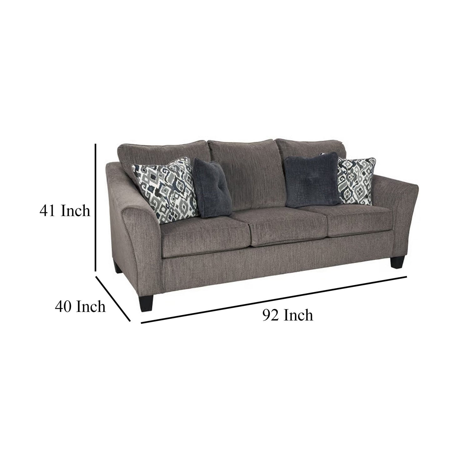 Canapé Nima, polyester gris ardoise, chenille, 4 coussins décoratifs, 233 cm