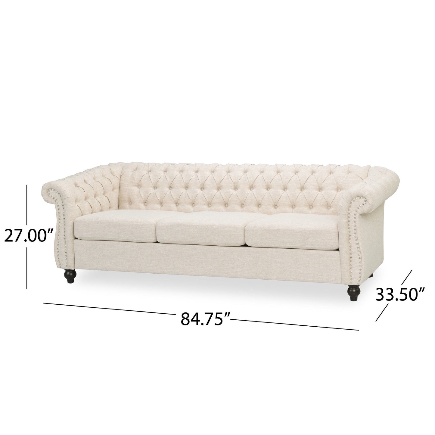 Canapé 3 places Nisy, dossier capitonné en tissu beige Chesterfield, 85 pouces