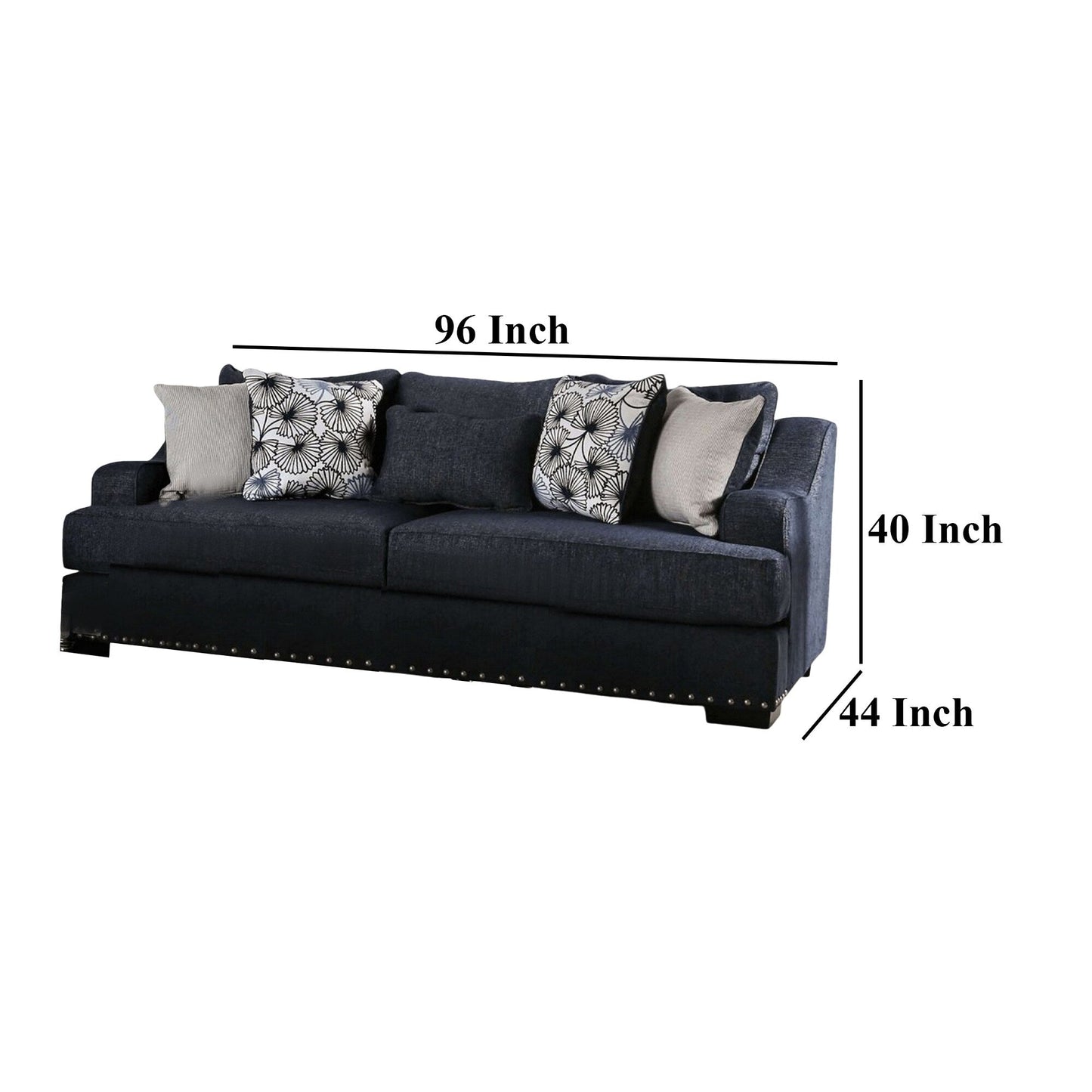 Canapé Nora, bleu marine foncé, 5 coussins décoratifs, bois massif, 96 pouces