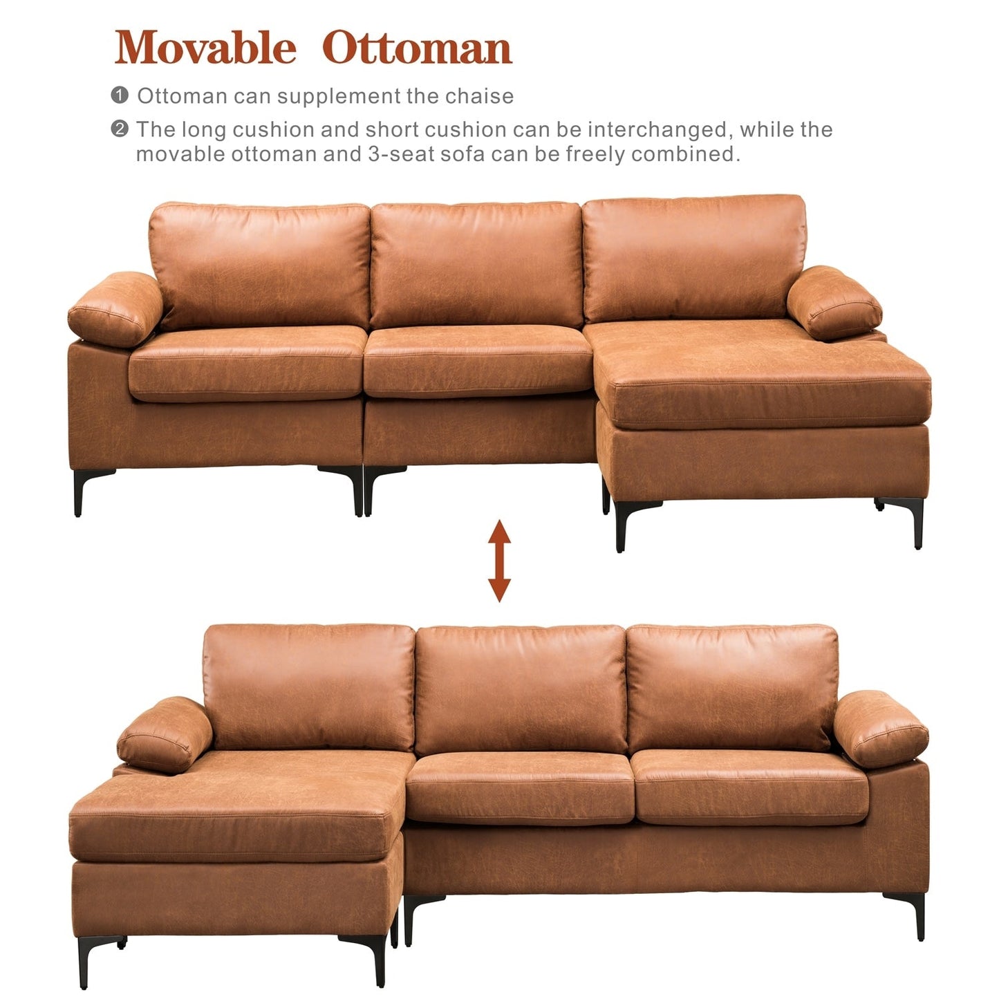 Canapé méridienne réversible OVIOS avec coussins moelleux et pieds en métal