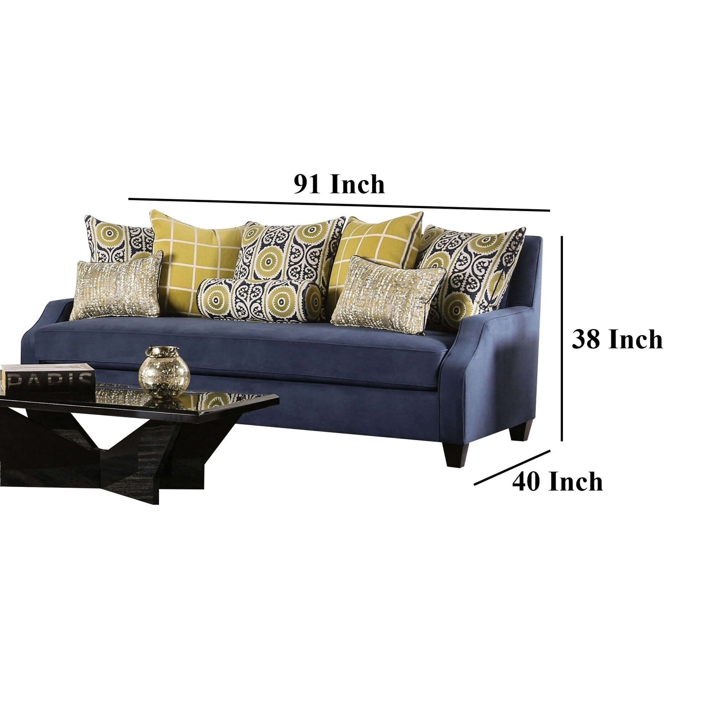 Canapé Omis, velours bleu marine, 8 coussins décoratifs, bois massif, 230 cm