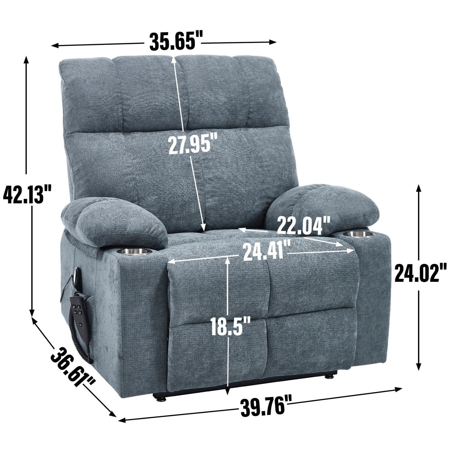 Fauteuil inclinable électrique surdimensionné avec double moteur, massage et chauffage lombaire, revêtement en chenille, deux porte-gobelets et poches latérales