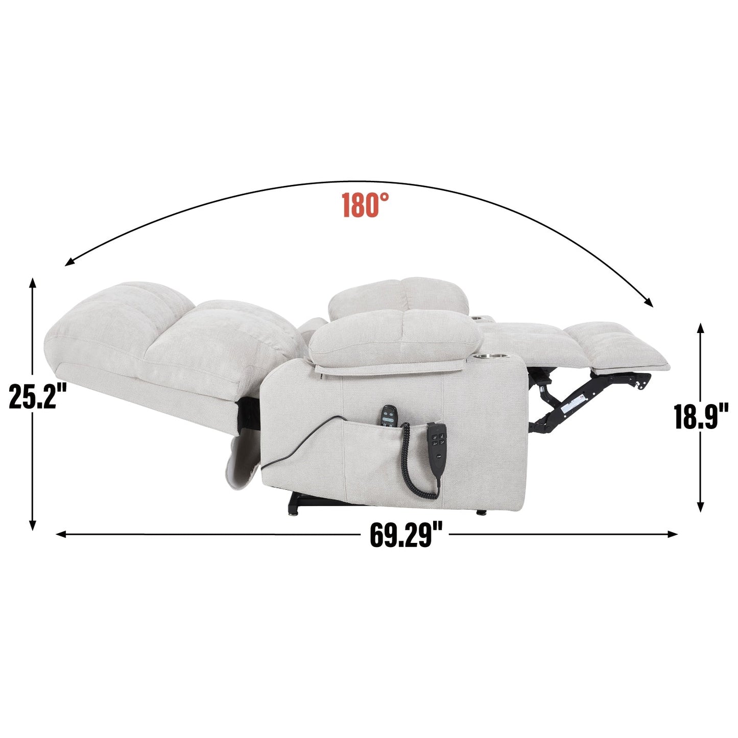 Fauteuil inclinable électrique surdimensionné avec double moteur, massage et chauffage lombaire, revêtement en chenille, deux porte-gobelets et poches latérales