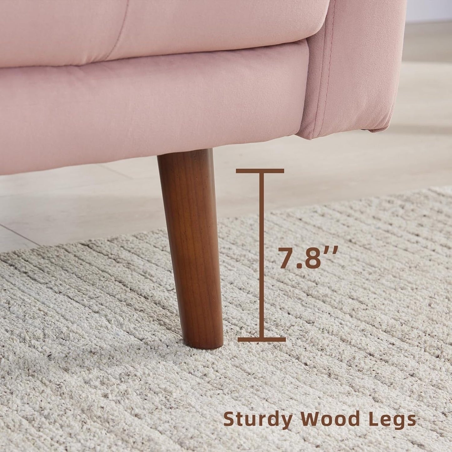 Canapé en tissu rose 74'' avec poches de rangement et pieds en bois massif