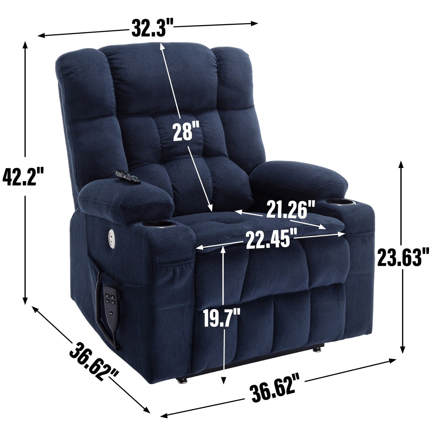 Fauteuil inclinable en polyester à deux moteurs avec massage, chauffage lombaire, porte-gobelets et poches latérales